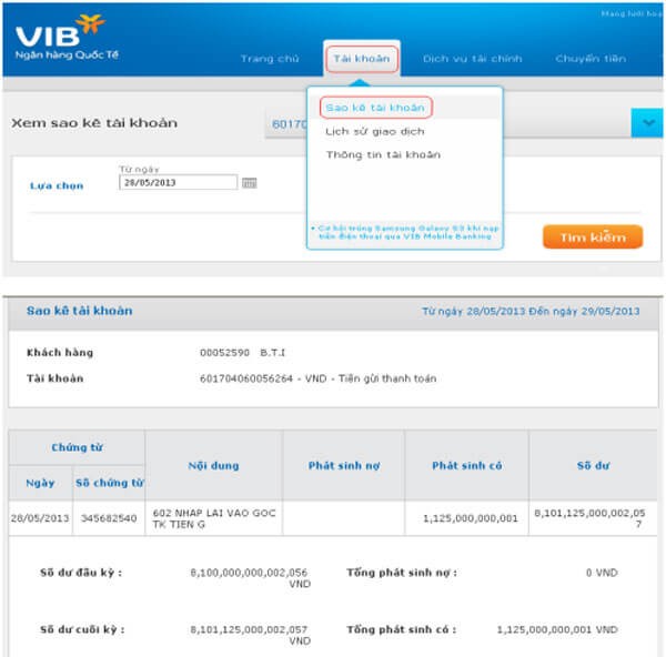 Truy vấn thông tin tài khoản MyVIB Corp