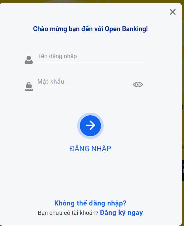 Giao diện đăng nhập tài khoản Nam A Bank - Open Banking