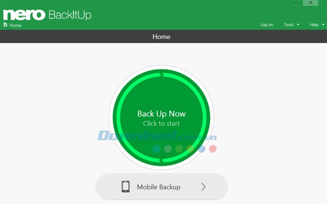 Giao diện chính của phần mềm sao lưu dữ liệu Nero BackItUp