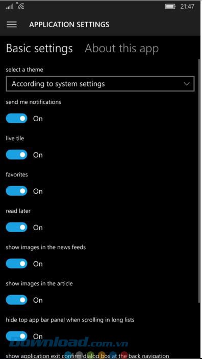 Các lựa chọn cài đặt ứng dụng