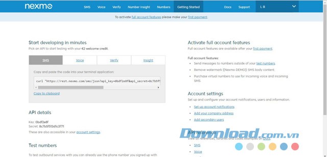 Giao diện chính trông hết sức dễ nhìn của ứng dụng web Nexmo Voice API