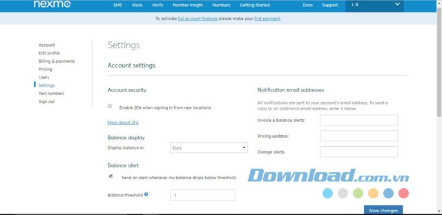 Một số thiết lập hữu ích trong phần mềm web Nexmo Voice API