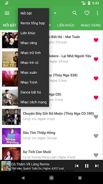 Menu chính của ứng dụng nghe nhạc vàng