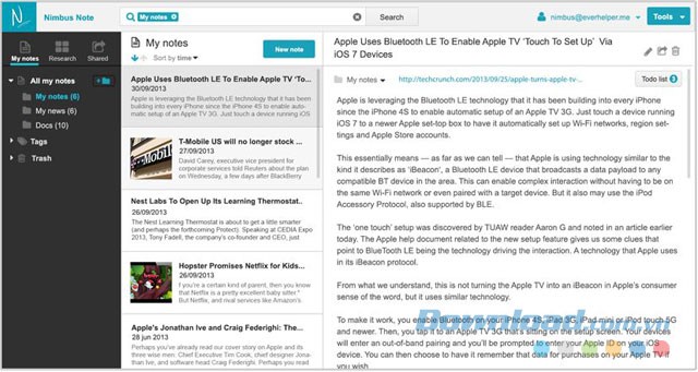 Giao diện phần mềm Nimbus Note