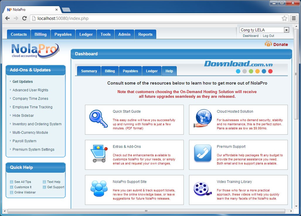 Màn hình quản trị chính của NolaPro
