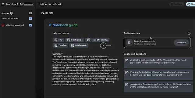 Sau khi tải file lên, Notebook sẽ tự động tạo: tóm tắt, câu hỏi gợi ý và công cụ tạo nội dung