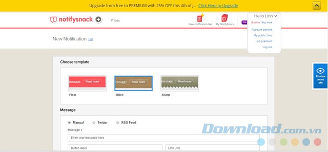 Lựa chọn mẫu thiết kế thanh thông báo trong NotifySnack