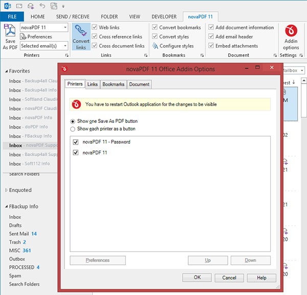 novaPDF 11 hỗ trợ Outlook add-in, cho phép tạo file PDF nhanh từ Email