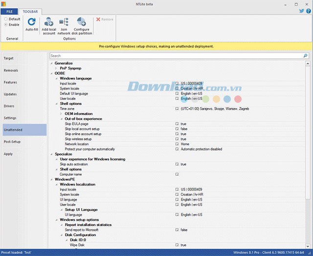 Tính năng cài đặt tự động của NTLite