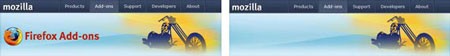Một trang Mozilla add-on, trước và sau khi loại bỏ ảnh tiêu đề với mở rộng Nuke Anything Enhanced