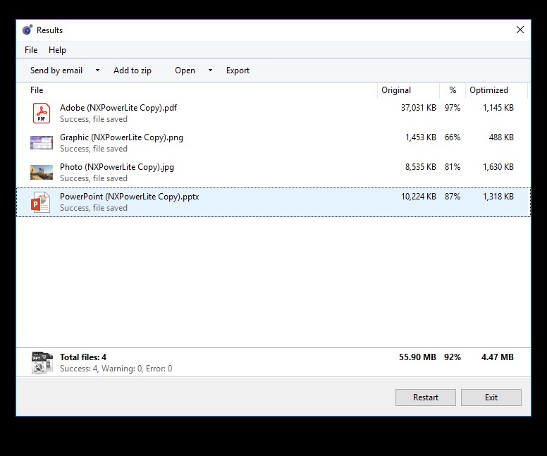 Cửa sổ kết quả của NXPowerLite
