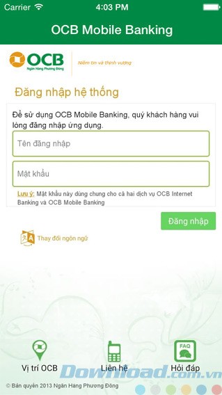 Đăng nhập OCB Mobile Banking