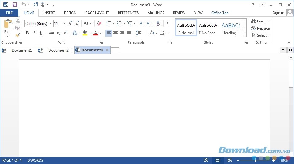Giao diện Microsoft Word sau khi cài Office Tab Free
