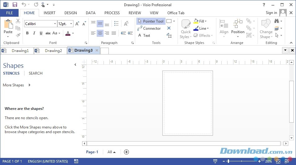 Giao diện Microsoft Visio sau khi cài Office Tab