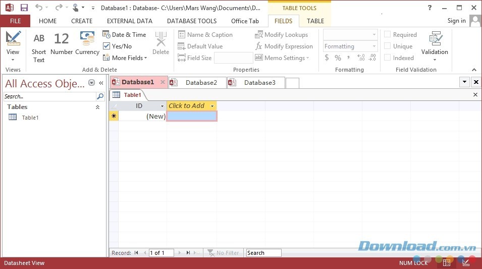 Giao diện Microsoft Access sau khi cài Office Tab