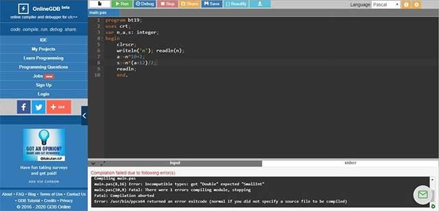 Trang web này sẽ hỗ trợ bạn viết mã, biên dịch, chạy và gỡ lỗi chương trình Pascal