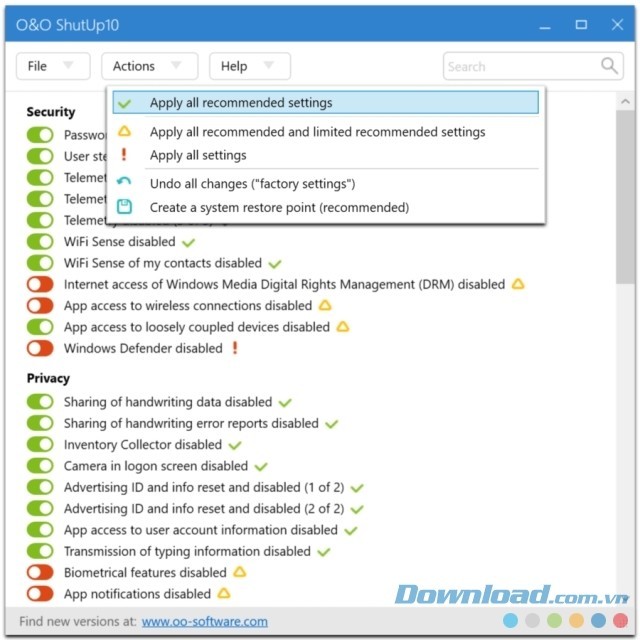 Những tính năng kiểm soát hoạt động chương trình hệ thống hấp dẫn O&O ShutUp10 cho Windows 10