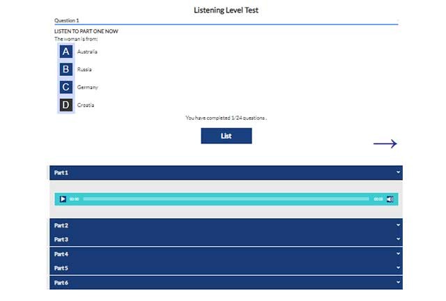 OOE English Level Tests có 4 bài kiểm tra: Listening, Vocabulary, Grammar và Reading