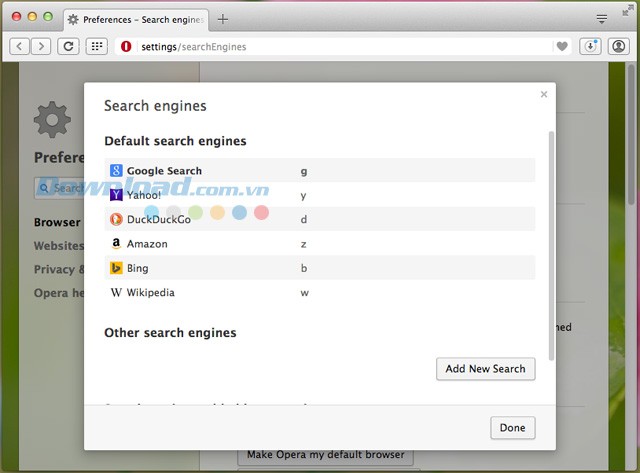 Tùy chỉnh công cụ tìm kiếm trên Opera