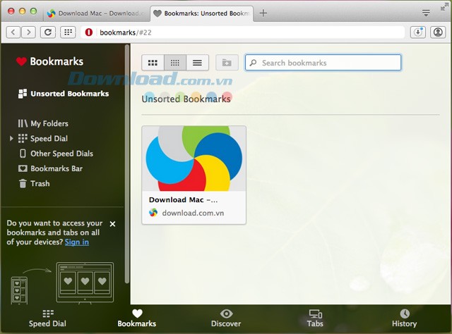 Giao diện tính năng bookmark mới của Opera