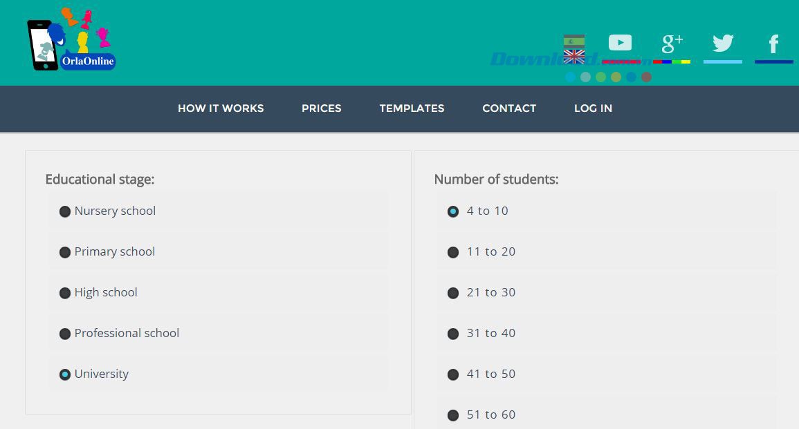 Chọn bậc học và số lượng học sinh trong lớp với Orlaonline.es