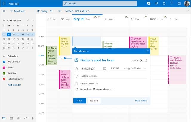 Dễ dàng xem lịch bằng ứng dụng web hỗ trợ gửi email miễn phí Outlook