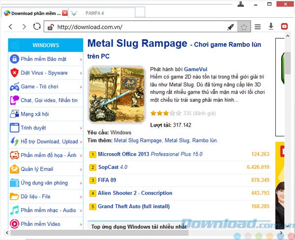 Giao diện của trình duyệt Pampa