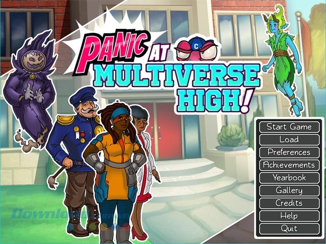 Giao diện main menu của visual novel game PANIC at Multiverse High! cho máy tính, Mac và Linux