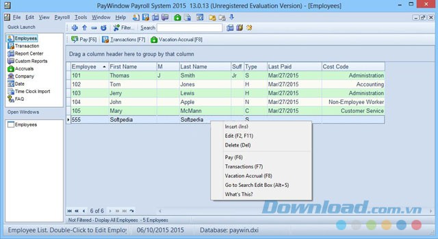 Giao diện phần mềm PayWindow Payroll System