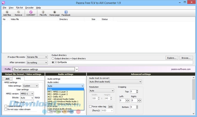Giao diện chính của Pazera Free FLV to AVI Converter