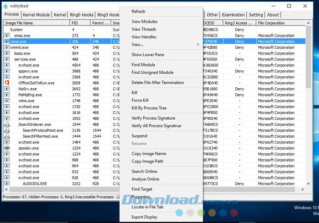 Các lựa chọn khi click chuột phải