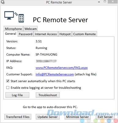 Giao diện của PC Remore Server