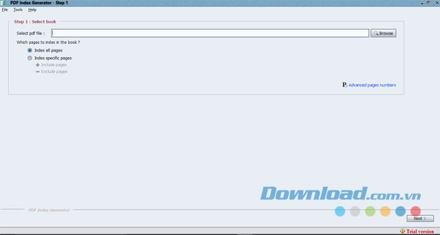 Giao diện chính của ứng dụng PDF Index Generator cho máy tính
