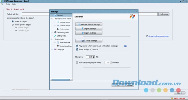 Tùy chỉnh các tính năng trong phần thiết lập của ứng dụng PDF Index Generator cho máy tính