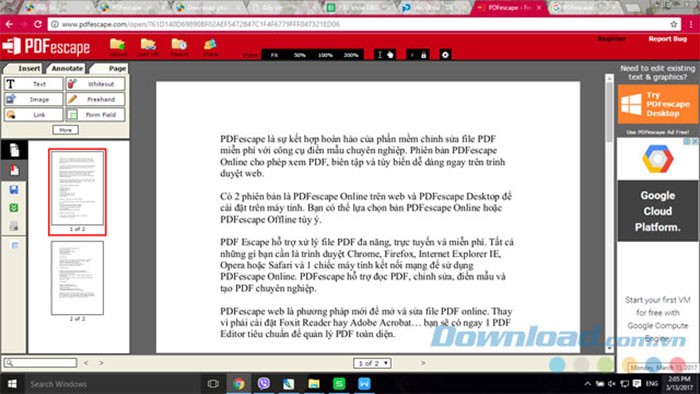 Giao diện của phần mềm PDFescape