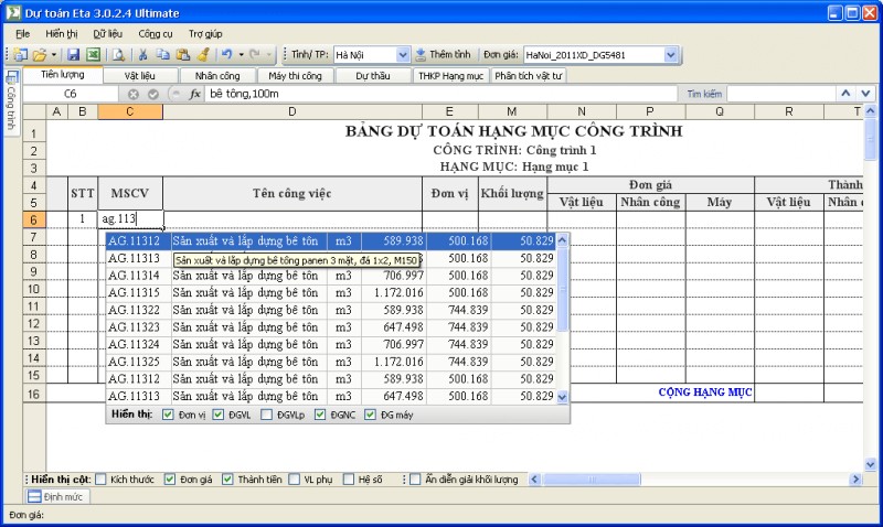 Bảng dự toán hạng mục công trình trên Eta