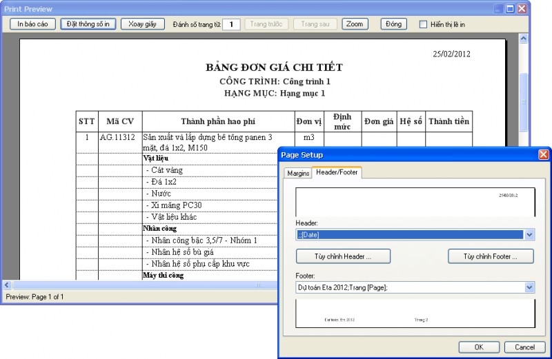 In ấn dự toán dễ dàng trên phần mềm Dự toán Eta