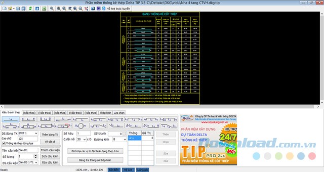 Giao diện chính của phần mềm thống kê cốt thép Tip
