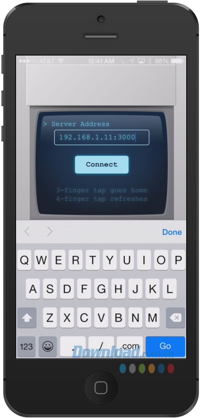 Nhập địa chỉ server vào PhoneGap Developer trên điện thoại