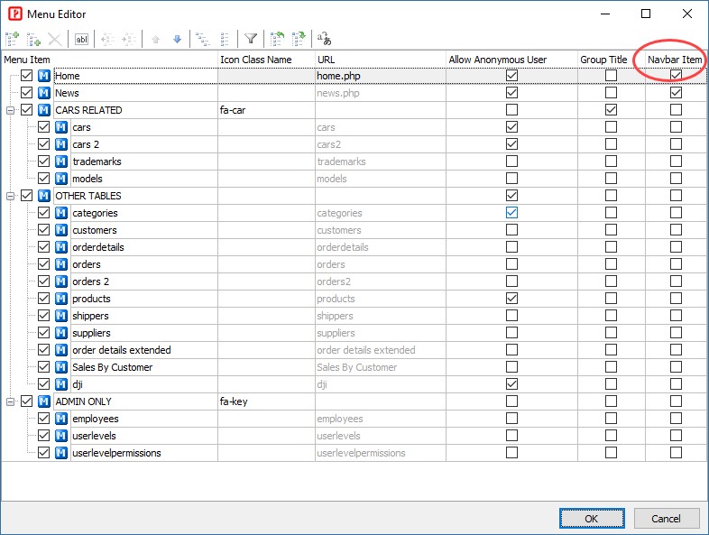 Các mục trên menu thanh điều hướng của PHPMaker