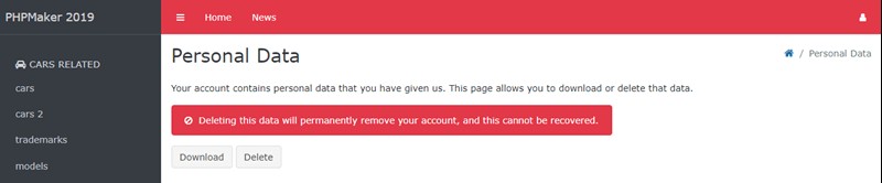 PHPMaker hỗ trợ tải và xóa dữ liệu cá nhân