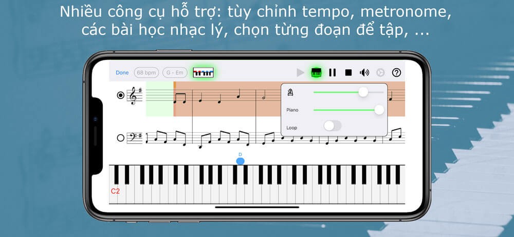 Nhiều công cụ hỗ trợ: tùy chỉnh tempo, metronome, các bài học nhạc lý