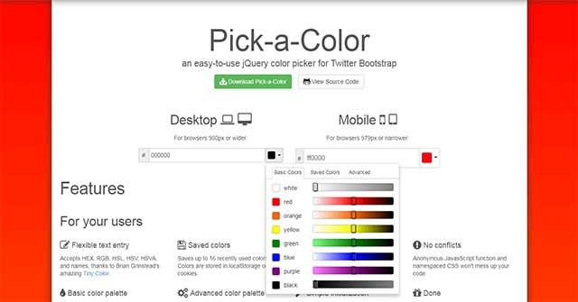 Pick-a-Color là tạo bảng chọn màu jQuery dễ sử dụng cho Twitter Bootstrap