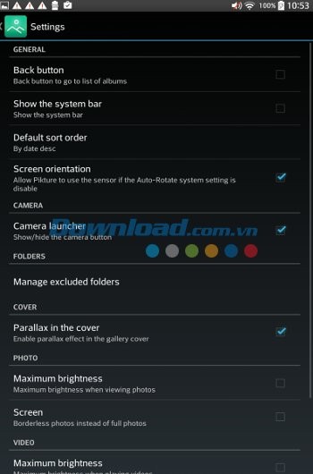 Các cài đặt chính của Piktures cho Android