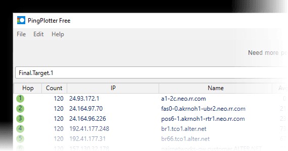 Bảng thống kê trên PingPlotter Free