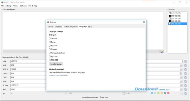 Giao diện chính của phần mềm lấy mã màu Pipette cho máy tính