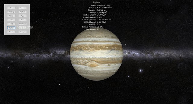 Giao diện chính của phần mềm khám phá vũ trụ Planets 3D