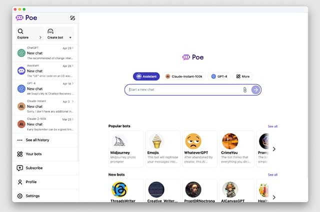 Giao diện của Poe chatbot