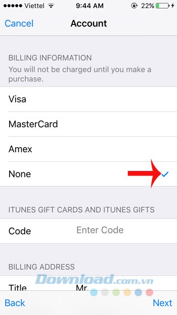 Bỏ qua không chọn Visa