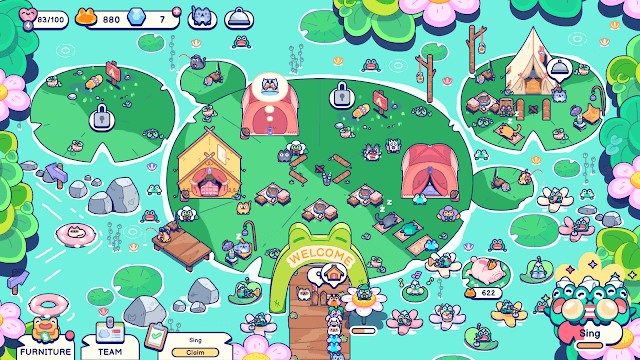 Bạn xây dựng và quản lý khu cắm trại nổi giữa một chiếc ao đầy màu sắc trong game Pond Pals